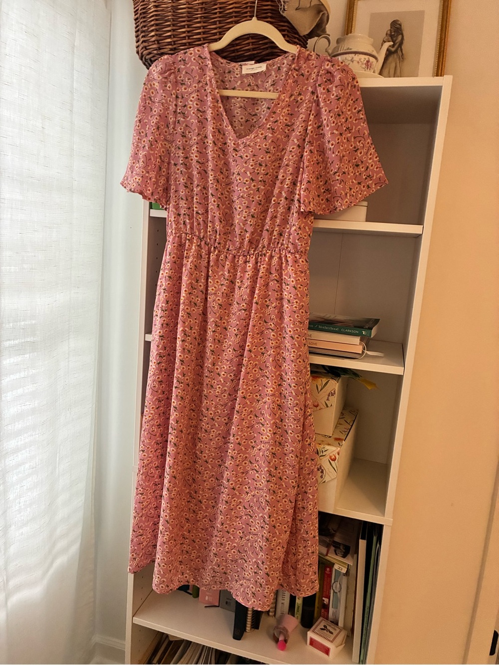 Pink Floral Midi Dress with V-Neck